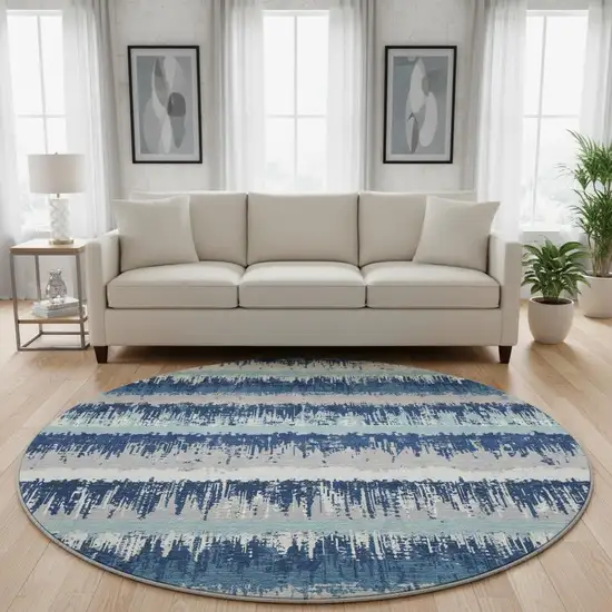 8' Blue Ivory And Gray Striped Washable Round Rug With UV Protection Photo 2