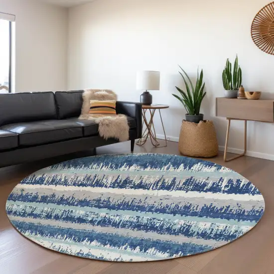 8' Blue Ivory And Gray Striped Washable Round Rug With UV Protection Photo 4