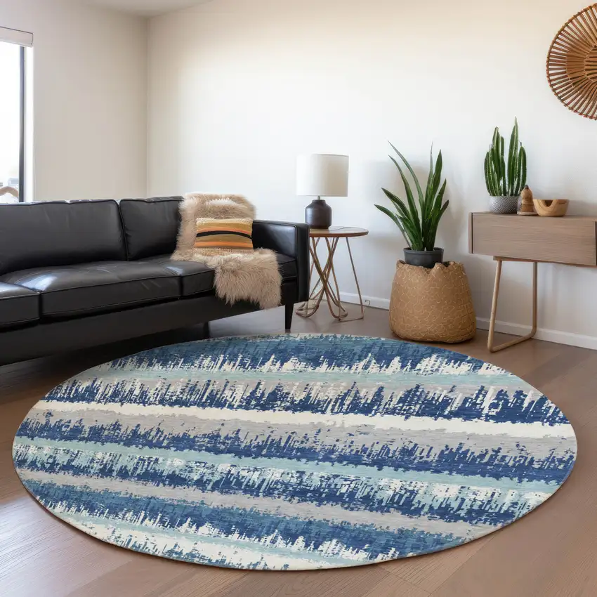 8' Blue Ivory And Gray Striped Washable Round Rug With UV Protection Photo 4