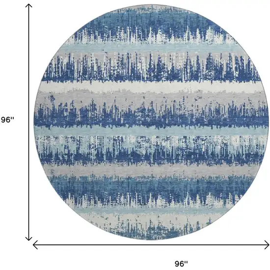 8' Blue Ivory And Gray Striped Washable Round Rug With UV Protection Photo 9