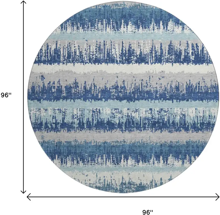 8' Blue Ivory And Gray Striped Washable Round Rug With UV Protection Photo 9