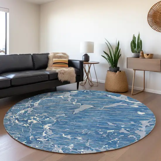 8' Blue Ivory And Gray Striped Washable Round Rug With UV Protection Photo 4