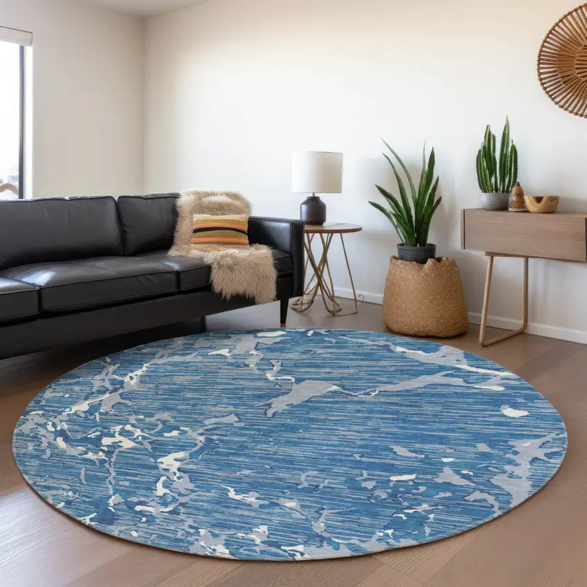 8' Blue Ivory And Gray Striped Washable Round Rug With UV Protection Photo 4