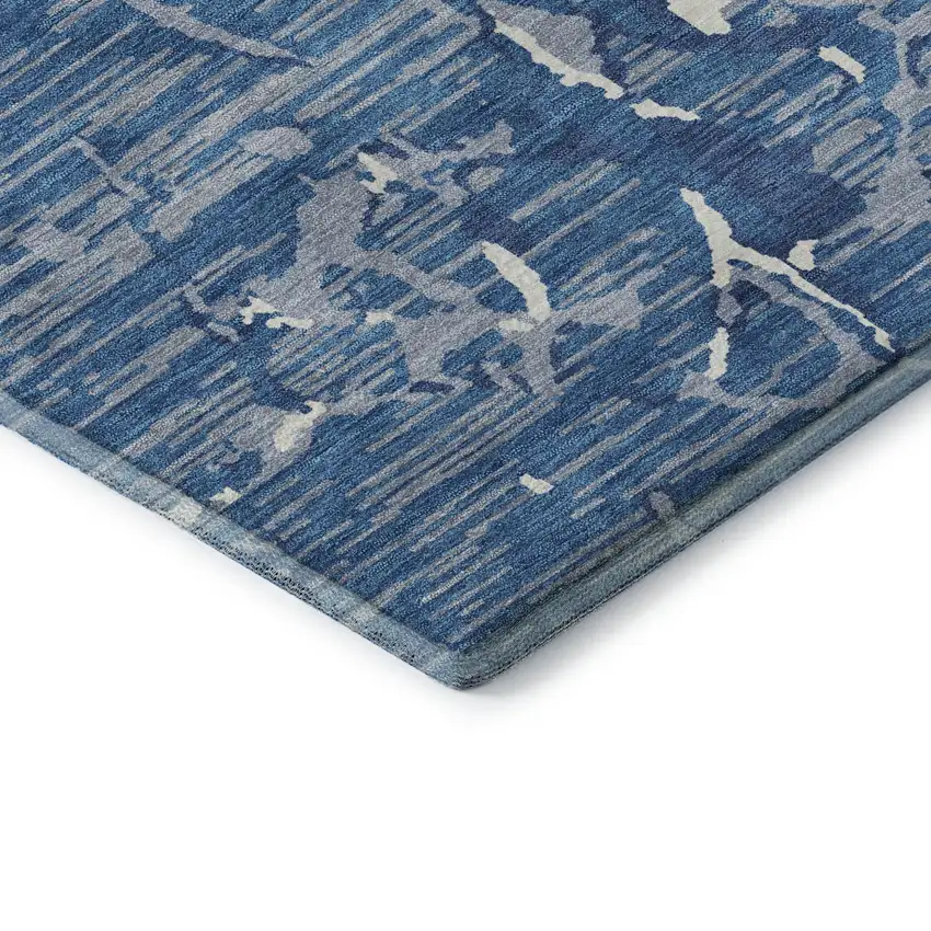 8' Blue Ivory And Gray Striped Washable Round Rug With UV Protection Photo 6