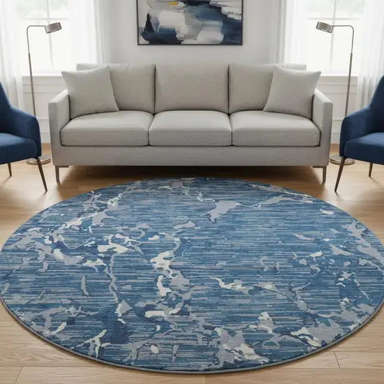 8' Blue Ivory And Gray Striped Washable Round Rug With UV Protection Photo 2
