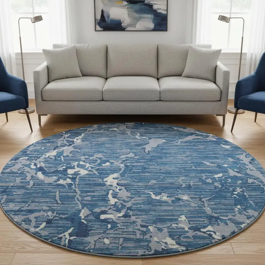 8' Blue Ivory And Gray Striped Washable Round Rug With UV Protection Photo 2