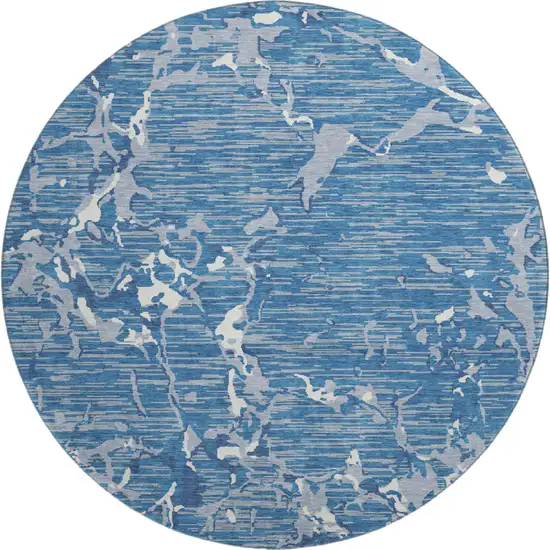 8' Blue Ivory And Gray Striped Washable Round Rug With UV Protection Photo 1