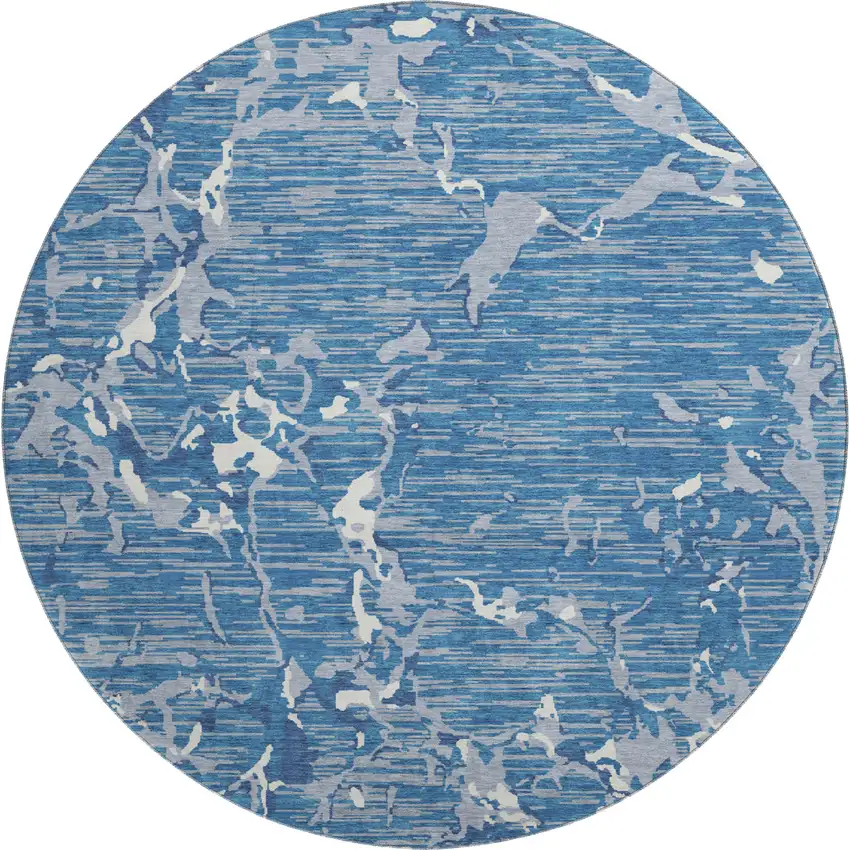 8' Blue Ivory And Gray Striped Washable Round Rug With UV Protection Photo 1