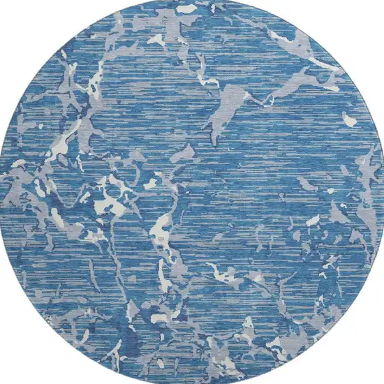 8' Blue Ivory And Gray Striped Washable Round Rug With UV Protection Photo 3