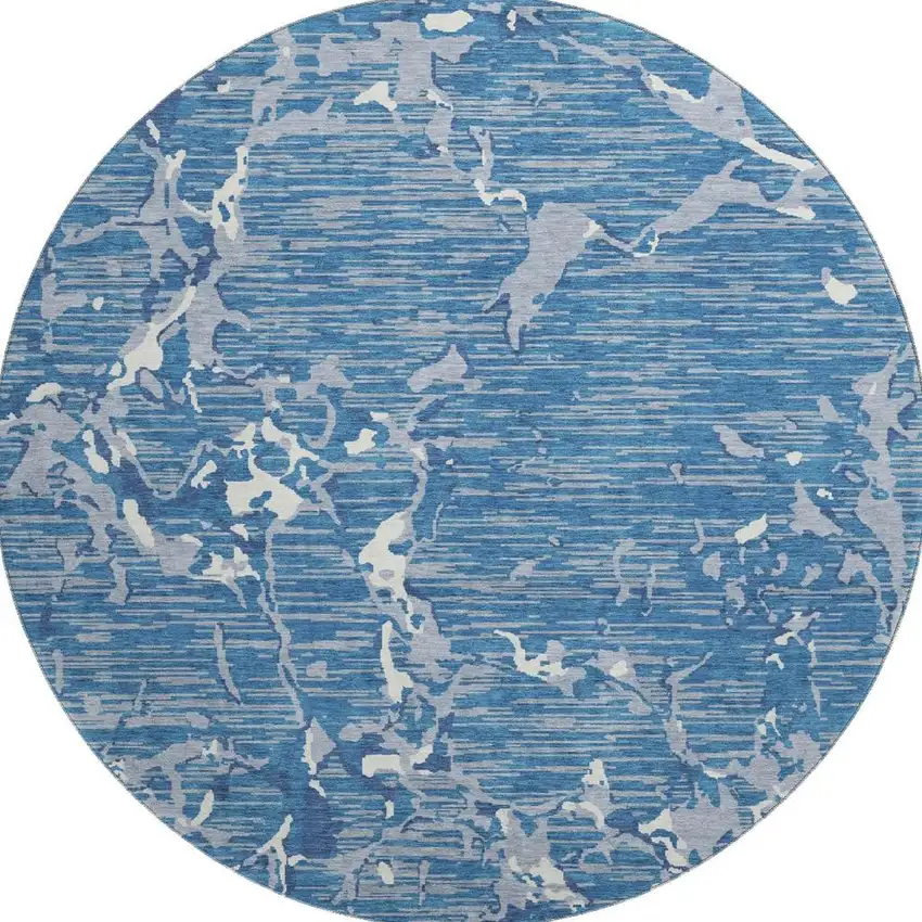 8' Blue Ivory And Gray Striped Washable Round Rug With UV Protection Photo 3