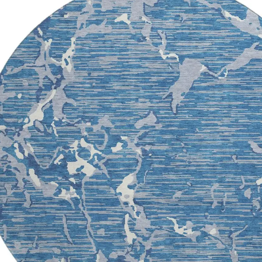 8' Blue Ivory And Gray Striped Washable Round Rug With UV Protection Photo 2