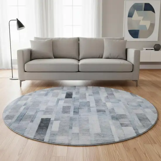8' Blue Ivory And Gray Striped Washable Round Rug With UV Protection Photo 2