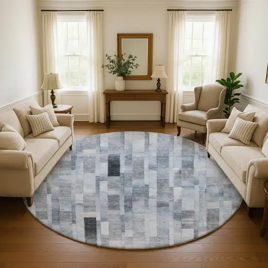 8' Blue Ivory And Gray Striped Washable Round Rug With UV Protection Photo 4
