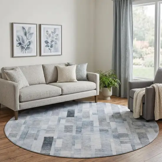 8' Blue Ivory And Gray Striped Washable Round Rug With UV Protection Photo 1