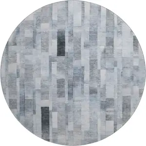 Photo of 8' Blue Ivory And Gray Striped Washable Round Rug With UV Protection