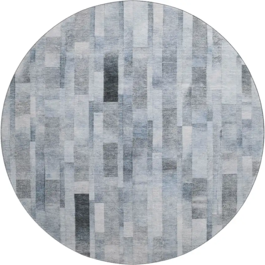 8' Blue Ivory And Gray Striped Washable Round Rug With UV Protection Photo 1