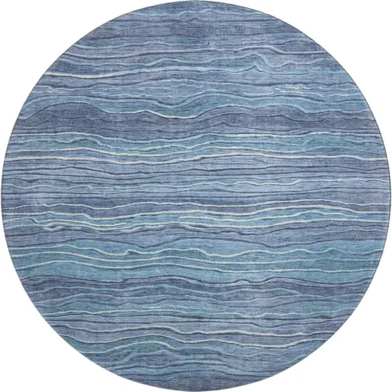 8' Blue Ivory And Gray Striped Washable Round Rug With UV Protection Photo 4