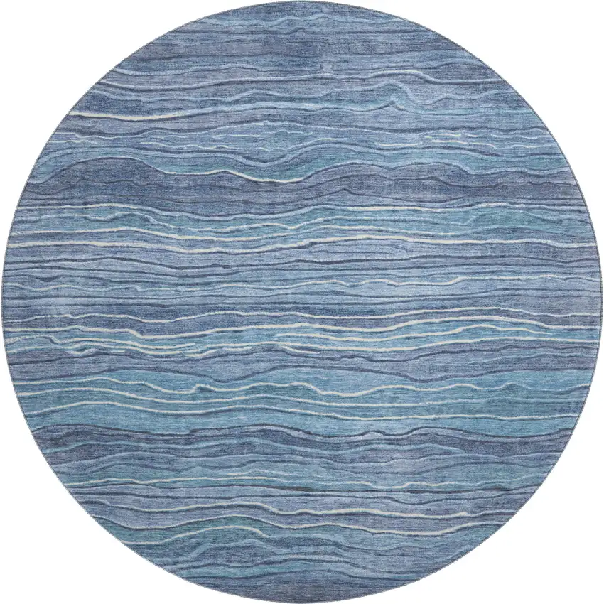 8' Blue Ivory And Gray Striped Washable Round Rug With UV Protection Photo 4