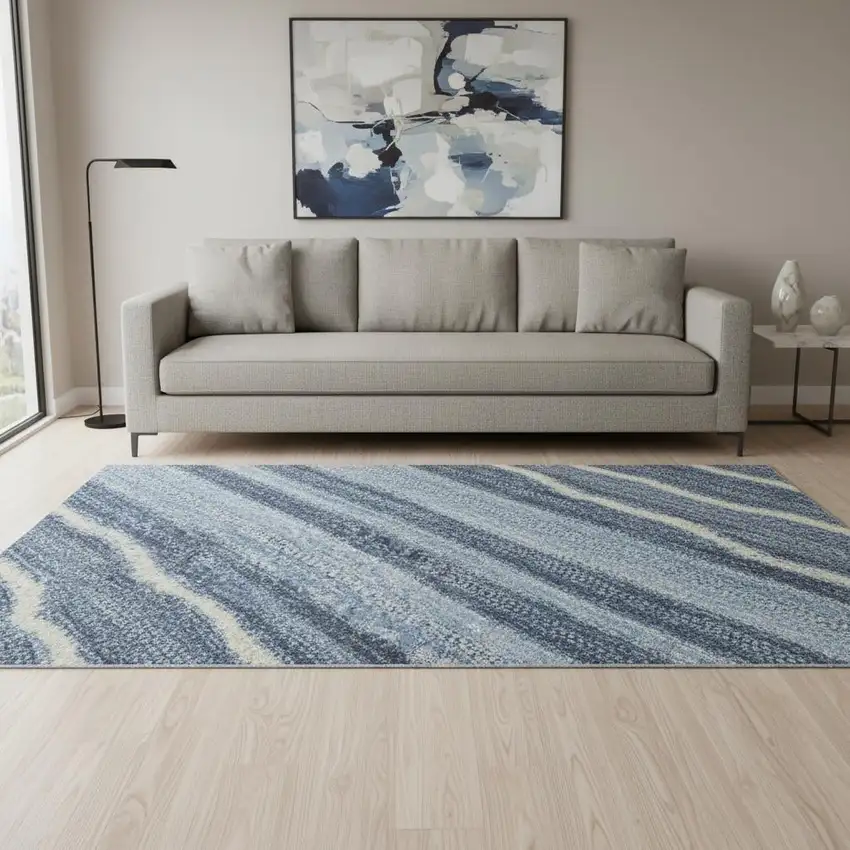 8' Blue Ivory And Gray Striped Washable Round Rug With UV Protection Photo 2