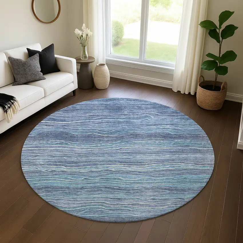 8' Blue Ivory And Gray Striped Washable Round Rug With UV Protection Photo 3