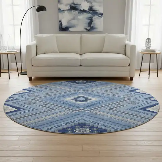 8' Blue Ivory And Gray Tribal Washable Round Rug With UV Protection Photo 2