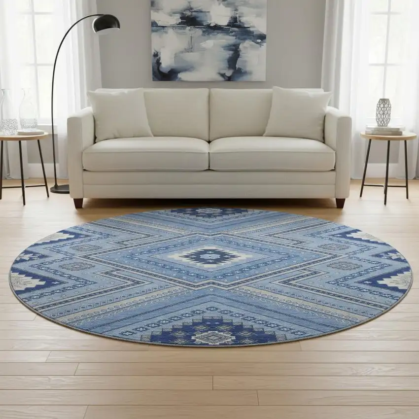 8' Blue Ivory And Gray Tribal Washable Round Rug With UV Protection Photo 2
