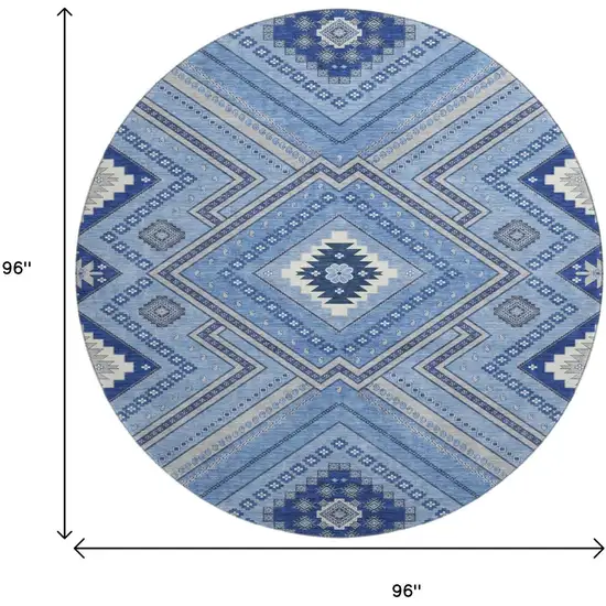 8' Blue Ivory And Gray Tribal Washable Round Rug With UV Protection Photo 9
