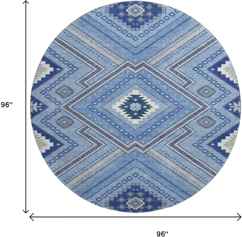 8' Blue Ivory And Gray Tribal Washable Round Rug With UV Protection Photo 9