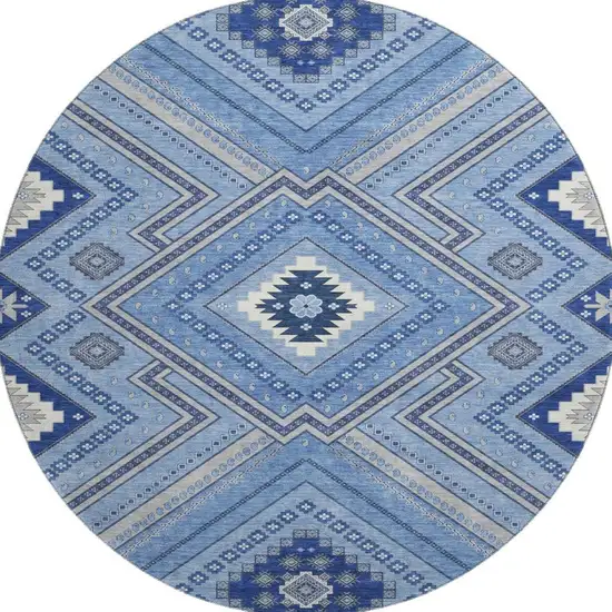 8' Blue Ivory And Gray Tribal Washable Round Rug With UV Protection Photo 3