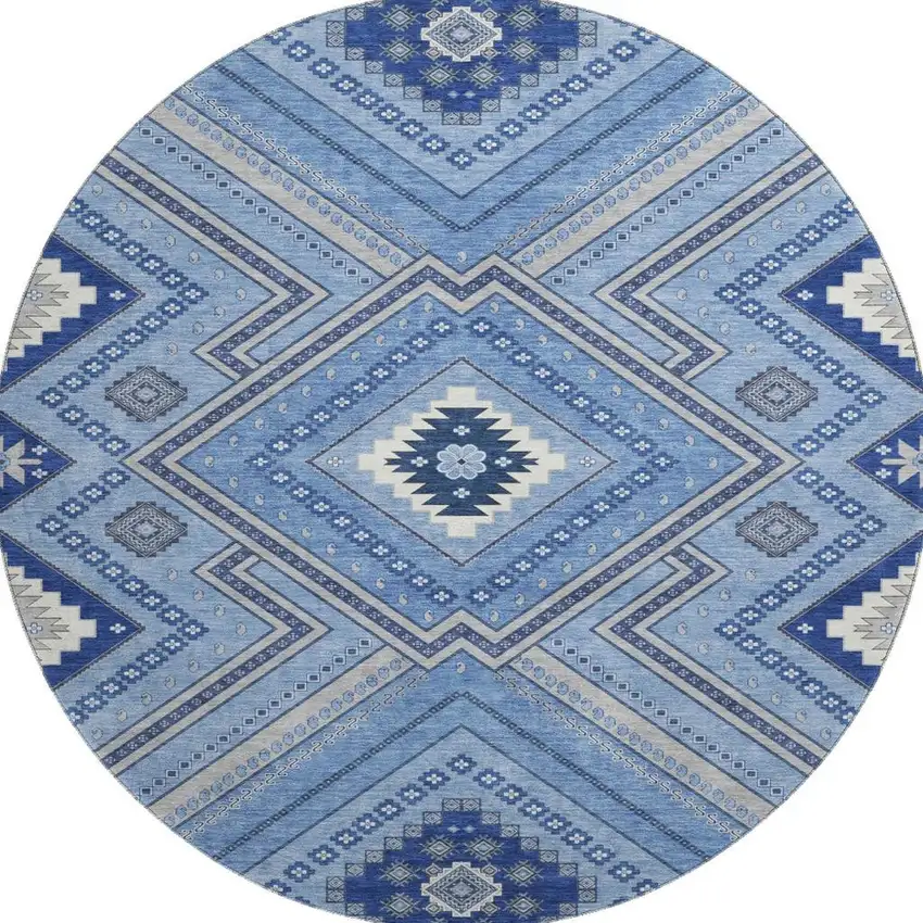 8' Blue Ivory And Gray Tribal Washable Round Rug With UV Protection Photo 3