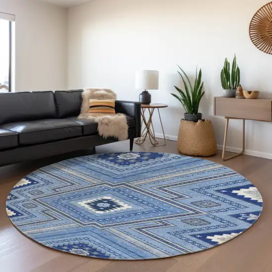 8' Blue Ivory And Gray Tribal Washable Round Rug With UV Protection Photo 4