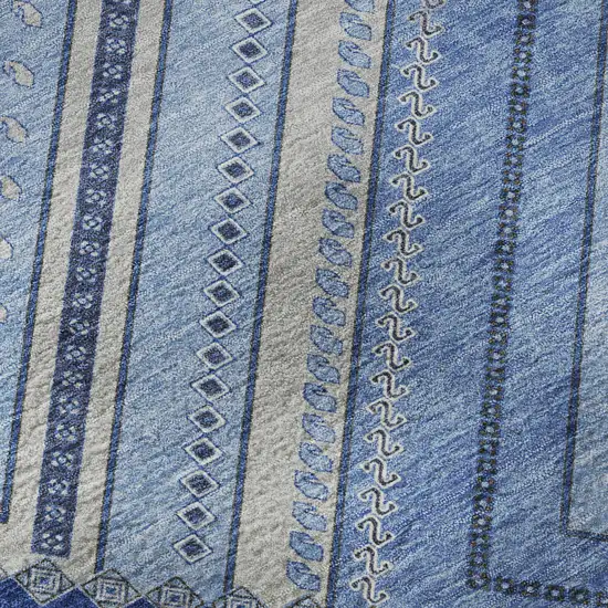 8' Blue Ivory And Gray Tribal Washable Round Rug With UV Protection Photo 8