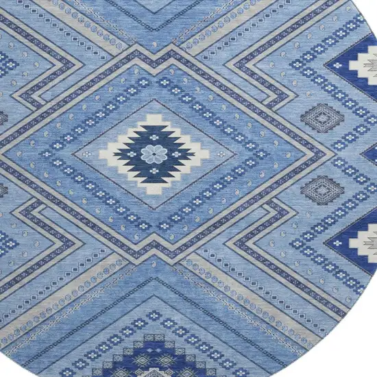 8' Blue Ivory And Gray Tribal Washable Round Rug With UV Protection Photo 2