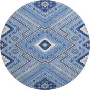 Photo of 8' Blue Ivory And Gray Tribal Washable Round Rug With UV Protection