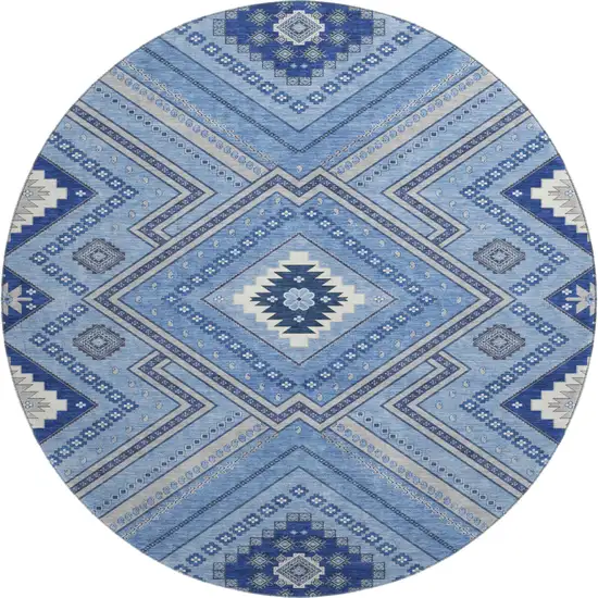 8' Blue Ivory And Gray Tribal Washable Round Rug With UV Protection Photo 1