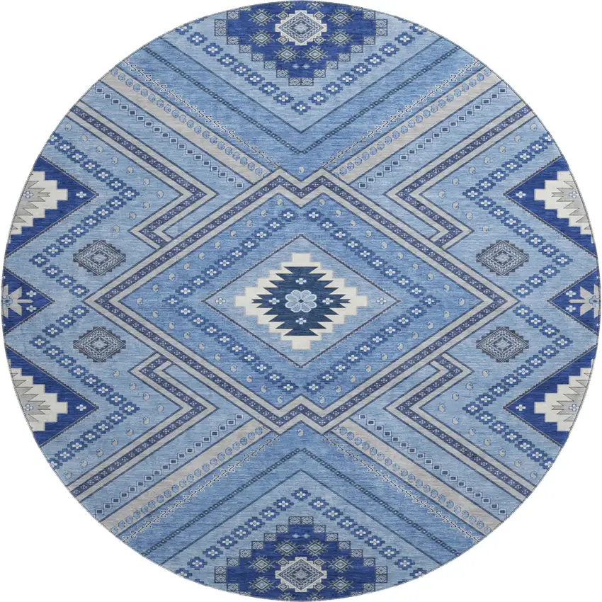 8' Blue Ivory And Gray Tribal Washable Round Rug With UV Protection Photo 1