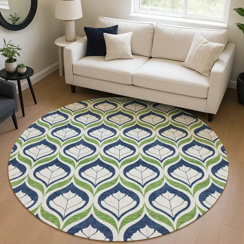 8' Blue Ivory And Green Round Geometric Washable Indoor Outdoor Area Rug Photo 5
