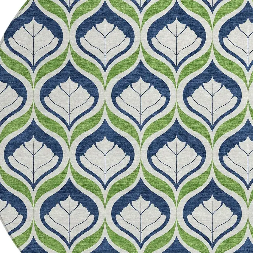8' Blue Ivory And Green Round Geometric Washable Indoor Outdoor Area Rug Photo 2