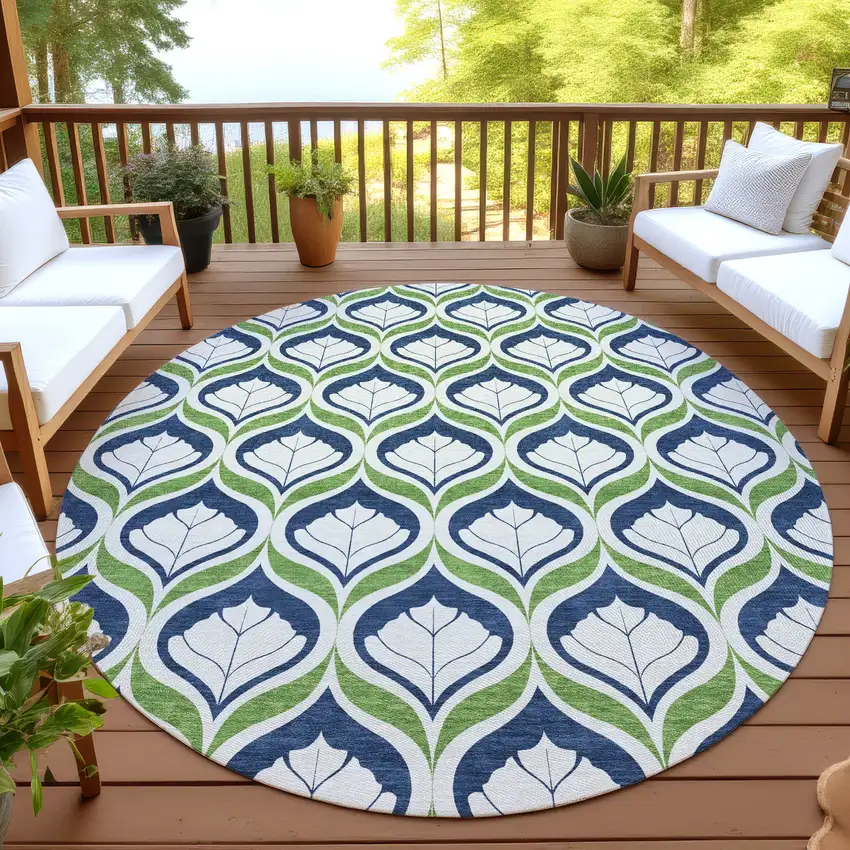 8' Blue Ivory And Green Round Geometric Washable Indoor Outdoor Area Rug Photo 4