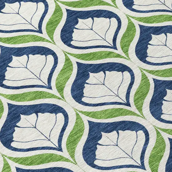 8' Blue Ivory And Green Round Geometric Washable Indoor Outdoor Area Rug Photo 9