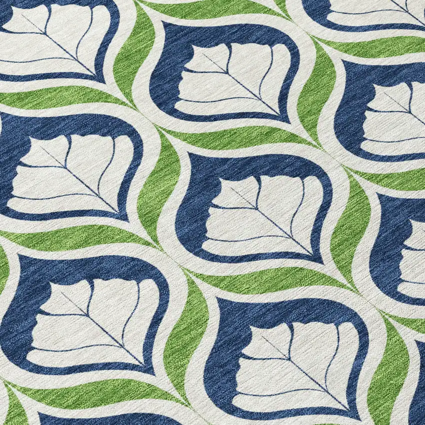 8' Blue Ivory And Green Round Geometric Washable Indoor Outdoor Area Rug Photo 9