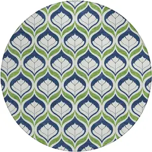 Photo of 8' Blue Ivory And Green Round Geometric Washable Indoor Outdoor Area Rug
