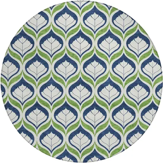 8' Blue Ivory And Green Round Geometric Washable Indoor Outdoor Area Rug Photo 1