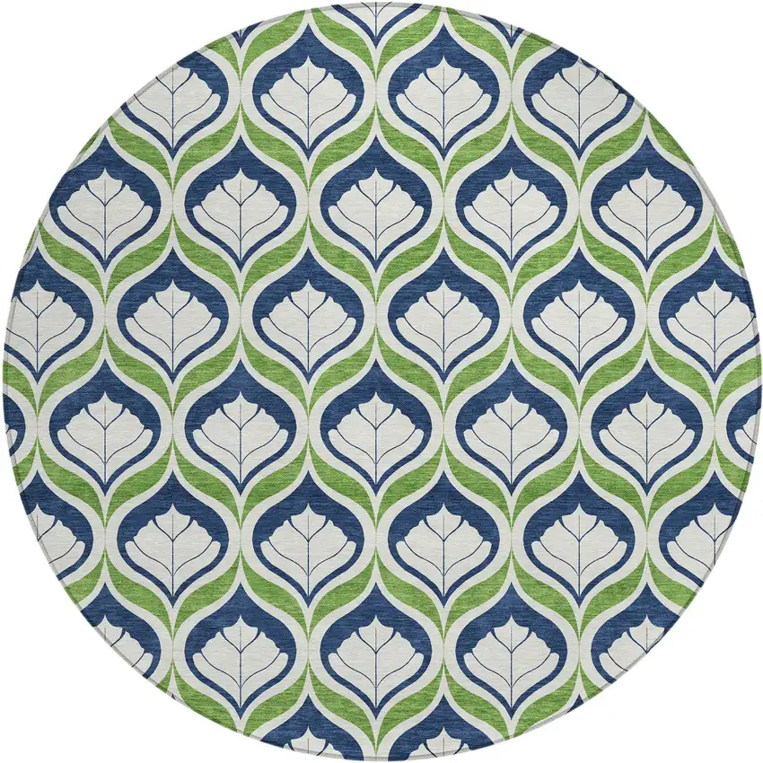 8' Blue Ivory And Green Round Geometric Washable Indoor Outdoor Area Rug Photo 1