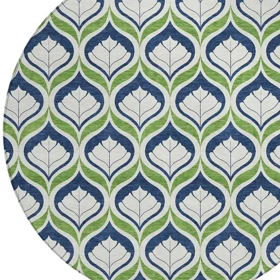 8' Blue Ivory And Green Round Geometric Washable Indoor Outdoor Area Rug Photo 3