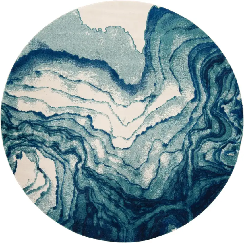 8' Blue Ivory And Green Round Stain Resistant Area Rug Photo 1