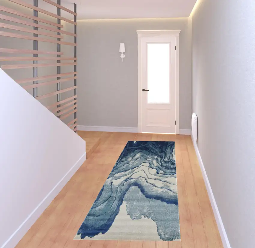 8' Blue Ivory And Green Stain Resistant Runner Rug Photo 2