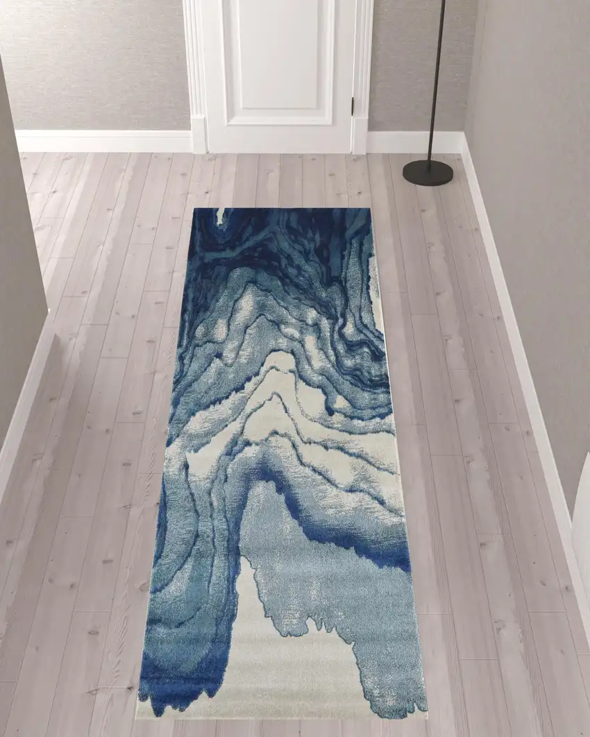10' Blue Ivory And Green Stain Resistant Runner Rug Photo 2