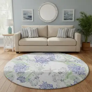 Photo of 8' Blue Ivory And Lime Green Geometric Washable Round Rug With UV Protection