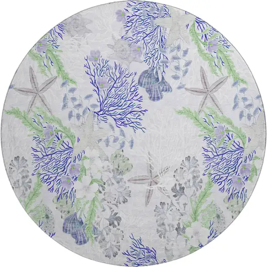 8' Blue Ivory And Lime Green Geometric Washable Round Rug With UV Protection Photo 2